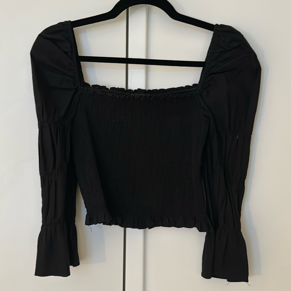 AQUA black crop top with smocking and puff sleeve size small